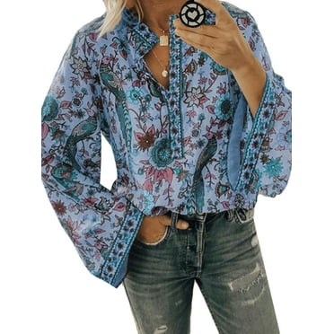 Plus Size Women Boho V-Neck Gypsy Satin Silk Blouse T-Shirt Baggy Tops Autumn UK